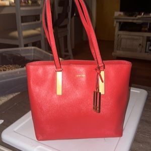 Vintage Calvin Klein Red Leather medium Shoulder Bag Tote Purse y2k Christmas